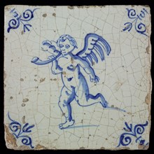 White tile with blue putto with horn, ox-head in the corners, wall tile tile sculpture ceramic earthenware glaze, baked 2x