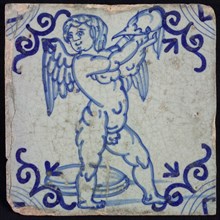 White tile with blue putto, holds up an unknown object, ox-head in the corners, wall tile tile sculpture ceramic earthenware