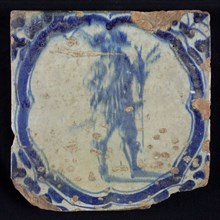 White floor tile with blue musketeer, accolade and wing leaf motif, image ended, floor tile tile sculpture ceramic earthenware