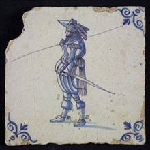 White tile with blue warrior; corner pattern ox head, wall tile tile sculpture ceramic earthenware glaze, baked 2x glazed