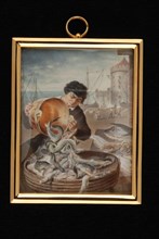 M. Snyders, Miniature painting with fisherman plunging fish into large bucket from bucket, painting sculpture dolls toy relaxing
