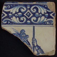 Tile of tableau with blue decorated border and head and hand of soldier, tile picture footage fragment ceramics pottery glaze