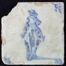 White tile with blue rider seen from behind; corner pattern ox head, wall tile tile sculpture ceramic earthenware glaze, baked