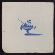 White tile with blue fruit basket, bowl on foot, wall tile tile sculpture ceramic earthenware glaze, baked 2x glazed painted