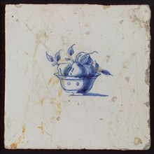 White tile with blue fruit basket, bowl with pears, wall tile tile sculpture ceramic earthenware glaze, baked 2x glazed painted