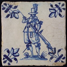 White tile with blue warrior, corner pattern lily, wall tile tile sculpture ceramic earthenware enamel, baked 2x glazed painted