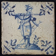 White tile with blue warrior, corner pattern lily, wall tile tile sculpture ceramic earthenware glaze, baked 2x glazed painted