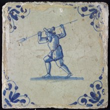 White tile with blue warrior, corner pattern lily, wall tile tile footage ceramic earthenware glaze, baked 2x glazed painted