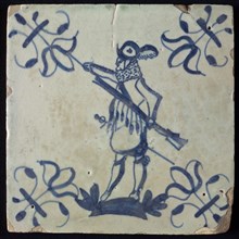 White tile with blue warrior, corner pattern lily, wall tile tile sculpture ceramic earthenware glaze, baked 2x glazed painted