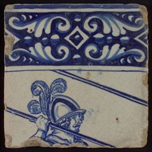 Tile of tableau with edge decorated in blue above, man with helmet, tile picture footage fragment ceramics pottery glaze, baked