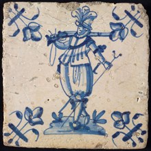 White tile with blue warrior, corner pattern lily, wall tile tile sculpture ceramics pottery glaze, baked 2x glazed painted