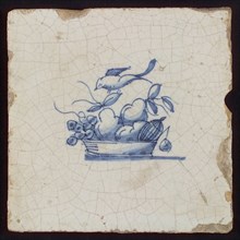 White tile with blue fruit basket with grapes and bird, wall tile tile sculpture ceramic earthenware glaze, baked 2x glazed