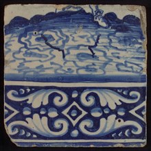 Tile of tableau with blue decorated border underneath and feet, tile picture footage fragment ceramics pottery glaze, baked 2x