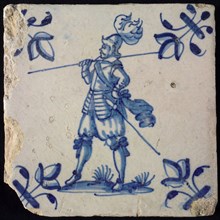 White tile with blue warrior, corner pattern lily, wall tile tile sculpture ceramics pottery glaze, baked 2x glazed painted