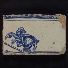 Piece of tableau tile with edge decorated in blue and man with helmet and skewers, tile picture footage fragment ceramics