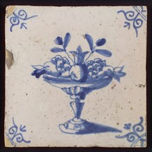 White tile with blue fruit bowl, corner pattern ox head, wall tile tile sculpture ceramic earthenware glaze, baked 2x glazed