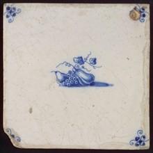 White tile with blue fruit, wall tile tile sculpture ceramic earthenware glaze, baked 2x glazed painted