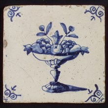 White tile with blue fruit bowl, corner pattern ox head, wall tile tile sculpture ceramic earthenware glaze, baked 2x glazed