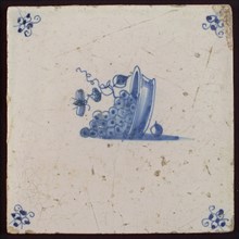 White tile with blue fallen fruit basket with fly, corner motif spider, wall tile tile sculpture ceramic earthenware glaze