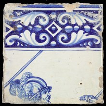 Tile, in blue on white, above ornament edge, below head of soldier with helmet and plume, part of skewer visible, tile picture