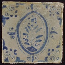 White tile with in blue flower in oval frame, corner motif triptych, wall tile tile sculpture ceramic earthenware glaze, baked
