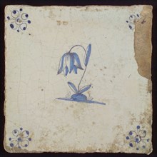 White tile with blue flower, tulip; corner motif spider, wall tile tile sculpture ceramic earthenware glaze, baked 2x glazed