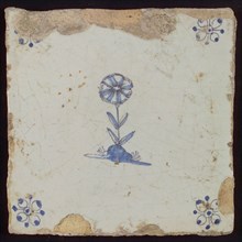 White tile with blue flower; corner motif spider, wall tile tile sculpture ceramic earthenware glaze, baked 2x glazed painted