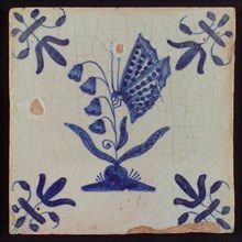 White tile with blue lily-of-the-valley with butterfly; corner pattern lily, wall tile tile sculpture ceramic earthenware glaze
