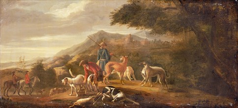 Frans Beeldemaker, Upper section hunting scene in landscape, two hunters, many dogs, landscape painting wallpaper canvas linen