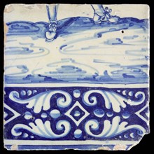 Tile, in blue on white, torso of soldier with armor, trousers and parts of two skewers, tile picture footage fragment ceramics