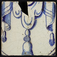 Tile of chimney pilaster, blue on white, part of pleated lap with three tassels, chimney pilaster tile pilaster footage fragment