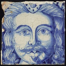 Tile of chimney pilaster, blue on white, head of man with long curly hair, mustache and goatee, chimney pilaster tile pilaster