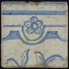 Tile of chimney pilaster, blue on white, horizontal border with scallop and five-leaved flower, rosette, underneath two