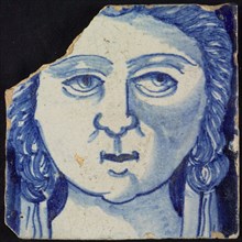 Tile of chimney pilaster, blue on white, head of woman, long curly hair, chimney pilaster tile pilaster footage fragment