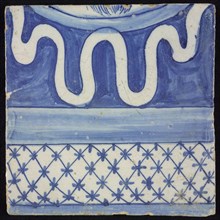 Tile of chimney pilaster, blue on white, part of brush, white garland edge and underneath two lanes, one white with diamonds