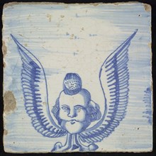 Tile of chimney pilaster, blue on white, in striped air cherub with long wings, chimney pilaster tile pilaster footage fragment