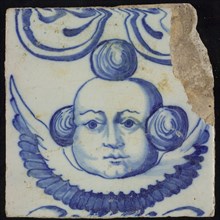 Tile of chimney pilaster, blue on white, central large cherub, wings underneath, decoration of round lines, chimney pilaster