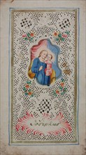 Print in which fine lace has been cut, surrounding image of St. Josef with the child, church print picture material paper