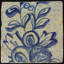 Tile of chimney pilaster, blue on white, part of under and above continuous representation with fruits, including pomegranate