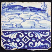Tile, in blue on white, below ornament edge, above foot of soldier with shoe and part of peak, tile picture footage fragment