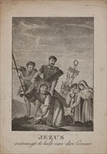 Prayer for John Josephus Binnevel, with black and white image of Christ receiving help from Simon of Cyrene, prayer print