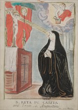 Cornelis van Merlen, Communion print with . Rita de Cassia, ord. Erem. S. Augustini depicting nun who kneels