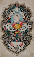 Print in which very fine lacework is cut, surrounding image of female saint with halo, church print picture material paper