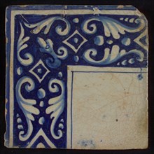 Tile of tableau with blue decorated border and white surface, tile picture material fragment ceramic earthenware glaze, baked 2x
