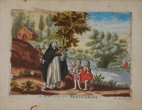 Alexander Goetiers, Print with monk with crucifix in his hand, standing in landscape with two angels, church print copper