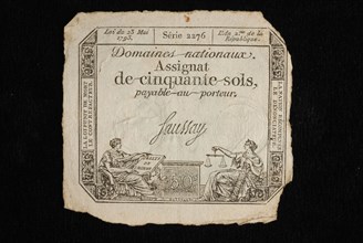 Assignment of cinquante sols, with image of personifications of human rights and justice, assigned paper money money swap paper
