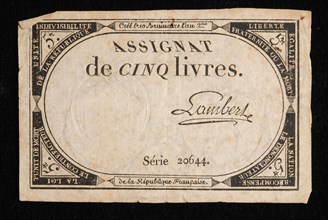 Assignaat of cinq livres, with decorative border in which text, assignaat paper money money swap paper, printed White note