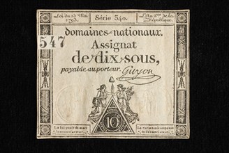 Assignment of dix sous, with decorative edge with revolutionary spells and inscription, assignate paper money money swap paper