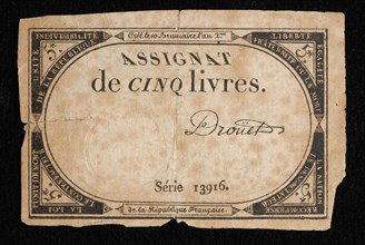 Assignaat of cinq livres, with decorative border in which text, assignate paper money money swap paper, printed White note