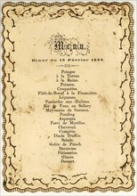 Menu card with scalloped edge, decorated with gold-colored ornaments and with printed French text, menu card information form